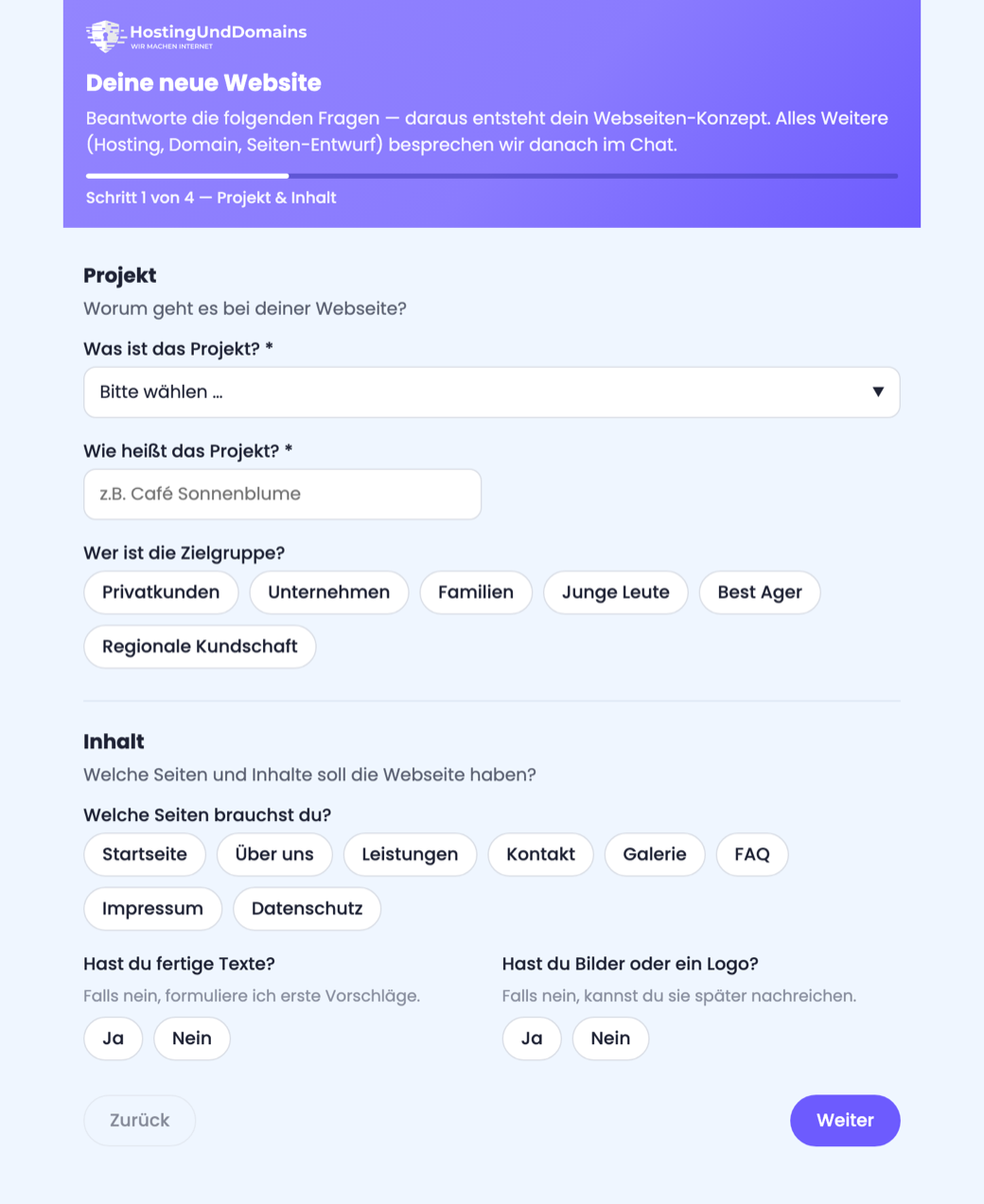 Website-Assistent: Fragebogen „Deine neue Website“