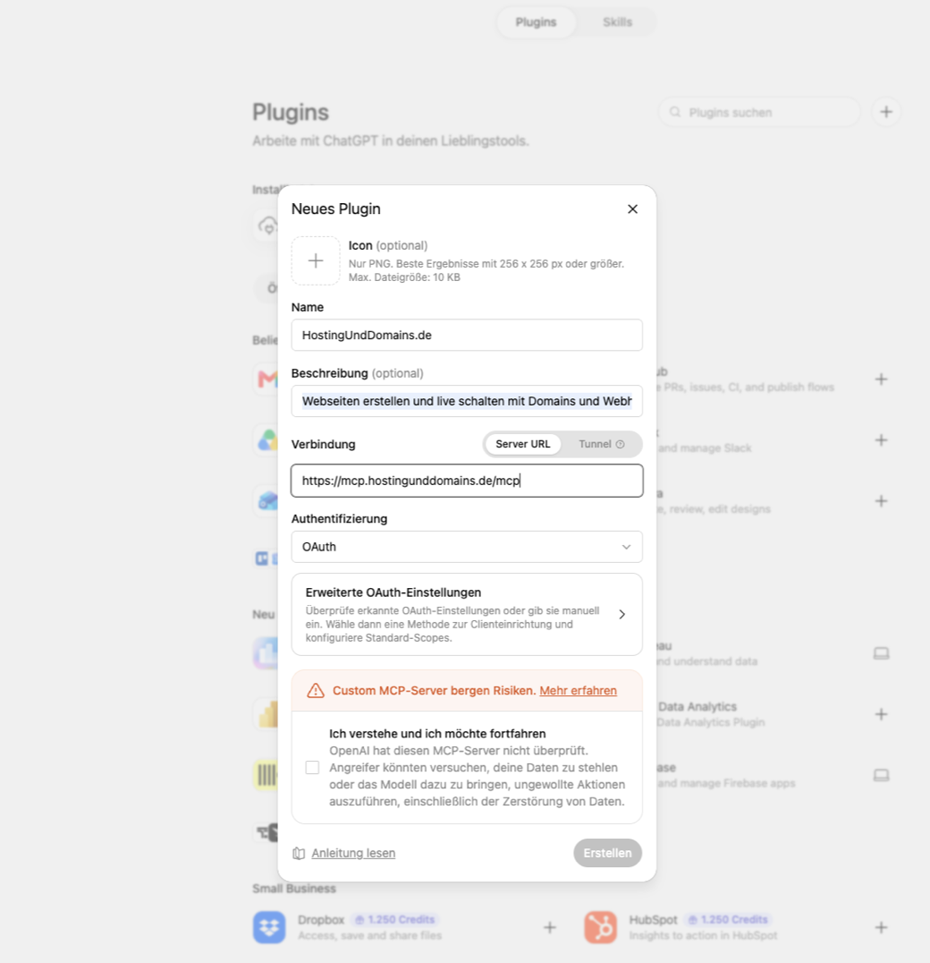 ChatGPT-Dialog „Neues Plugin“ mit Name, Server URL …/mcp und OAuth