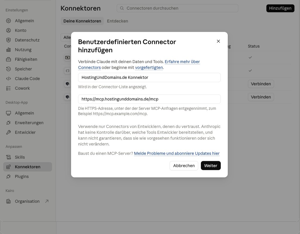 Dialog: Benutzerdefinierten Connector hinzufügen mit Adresse …/mcp