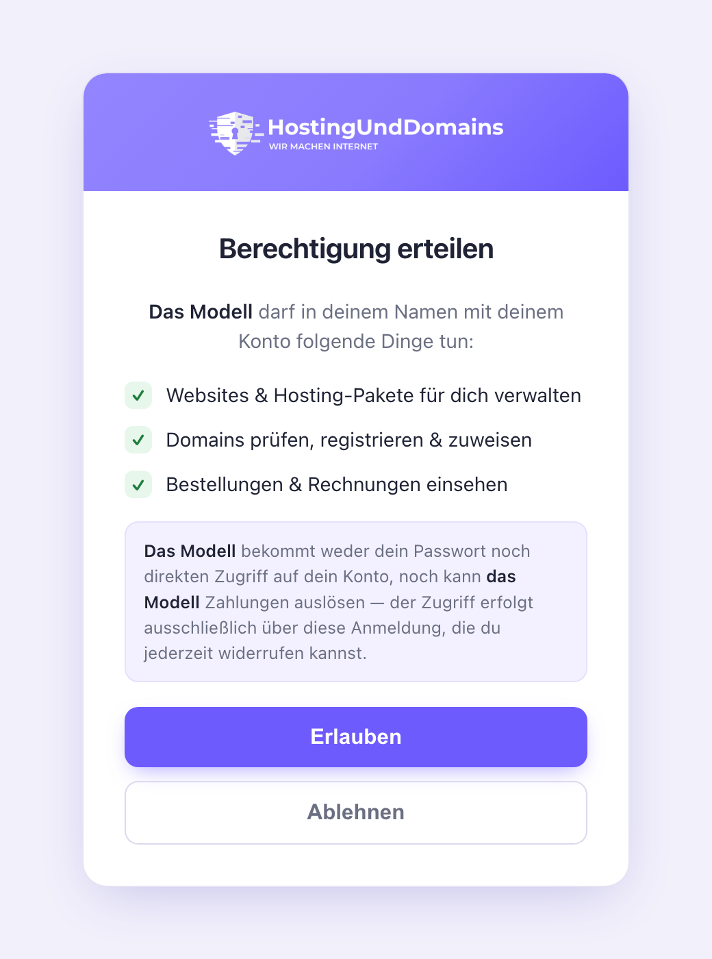 Zugriff bestätigen: Websites, Domains, Bestellungen