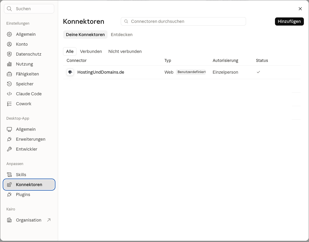 Konnektoren-Liste: HostingUndDomains.de verbunden