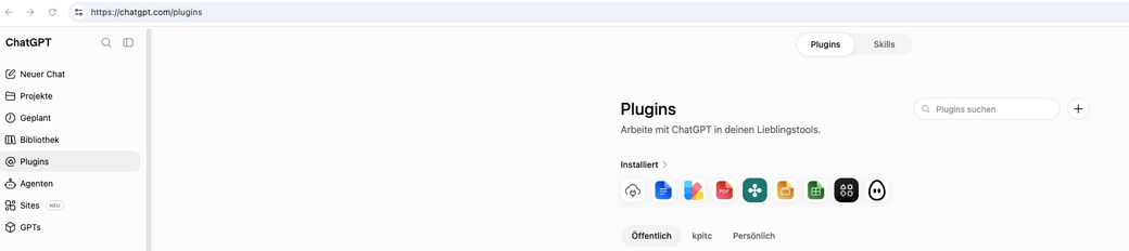 ChatGPT: Bereich Plugins mit dem Plus-Button oben rechts