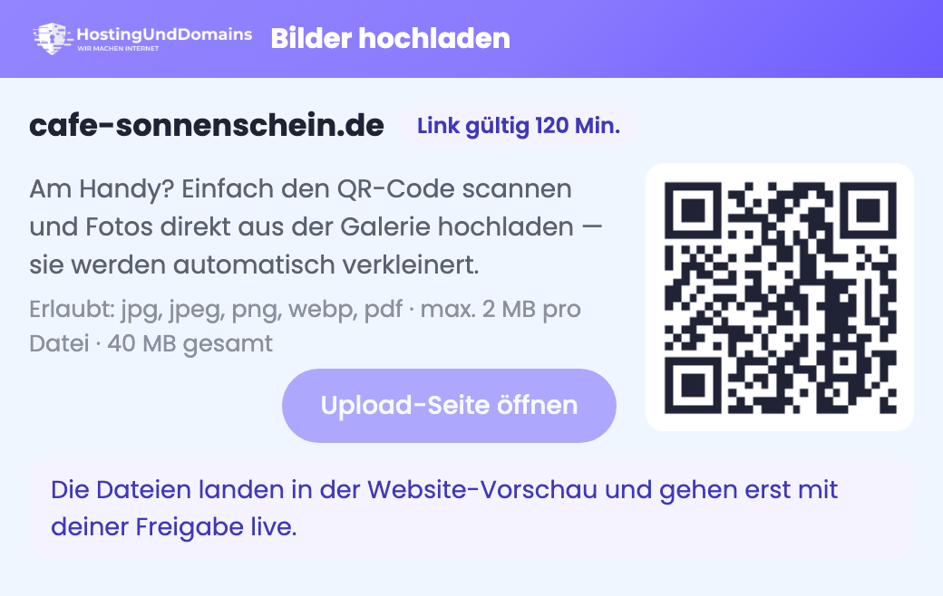 Karte „Bilder hochladen“ mit QR-Code und Button „Upload-Seite öffnen“