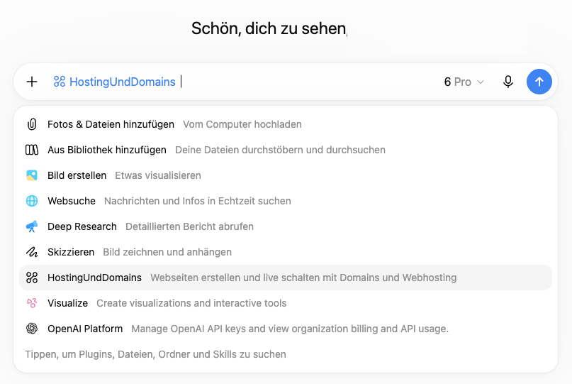 ChatGPT-Eingabefeld: Plus-Menü mit dem Eintrag HostingUndDomains, Plugin im Eingabefeld ausgewählt